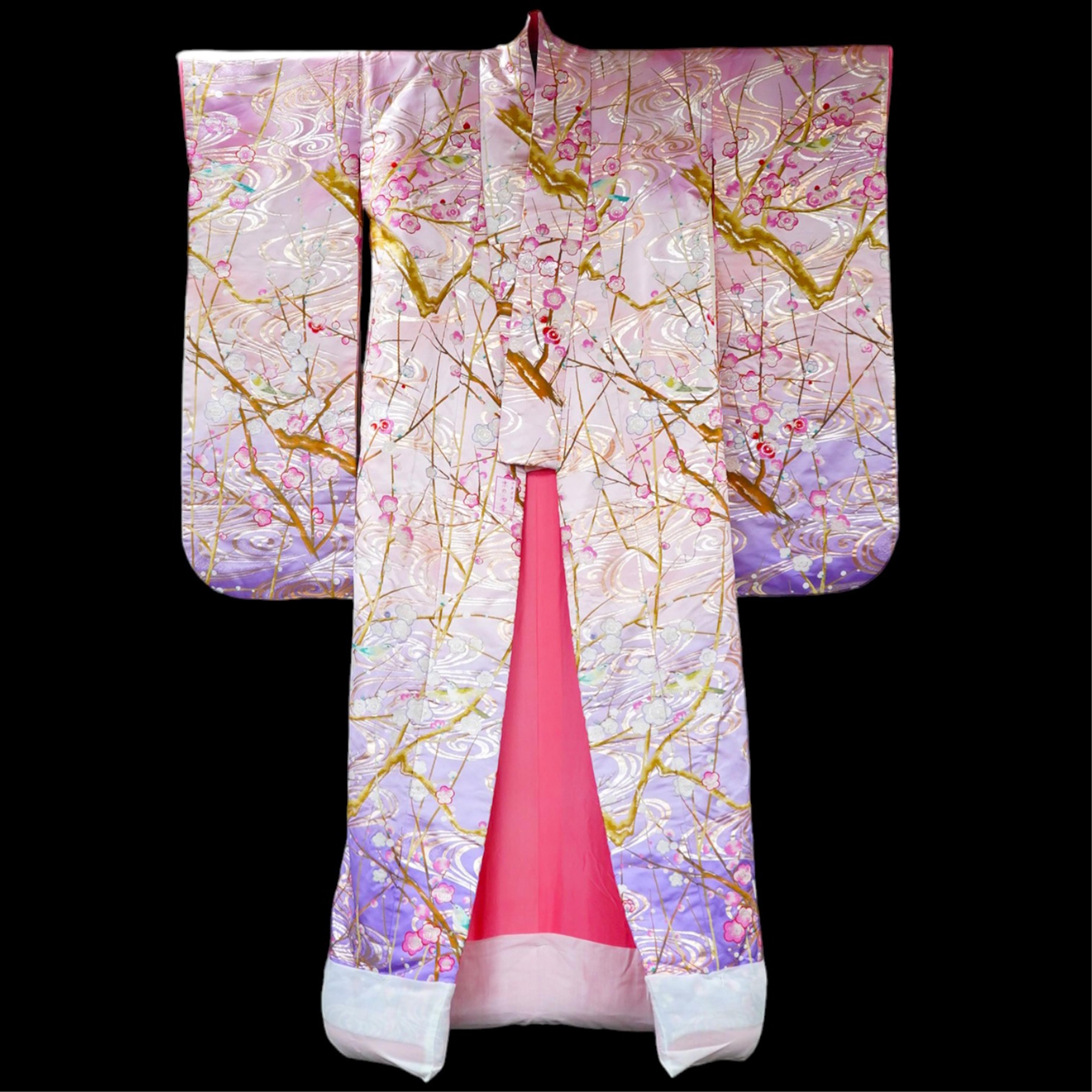 A stunning vintage ‘Four Seasons’ silk brocade wedding kimono, bought in 2004 from Masae Shibamura, in Tokyo. The kimono made from soft silk brocade, in pastel shades of graduating pink, lilac and purple, designed with b